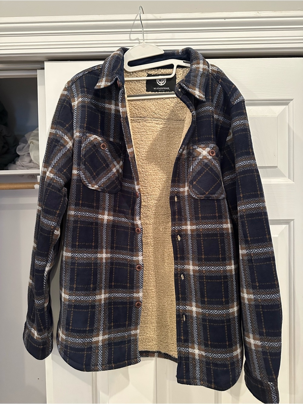 Weatherproof Navy and Brown Plaid Sherpa-Lined Button-Down Shirt Jacket